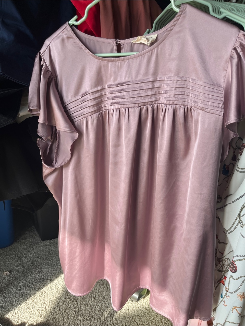 Flower & Feather - Women's Dusty Rose Satin Blouse with Pintuck Detail